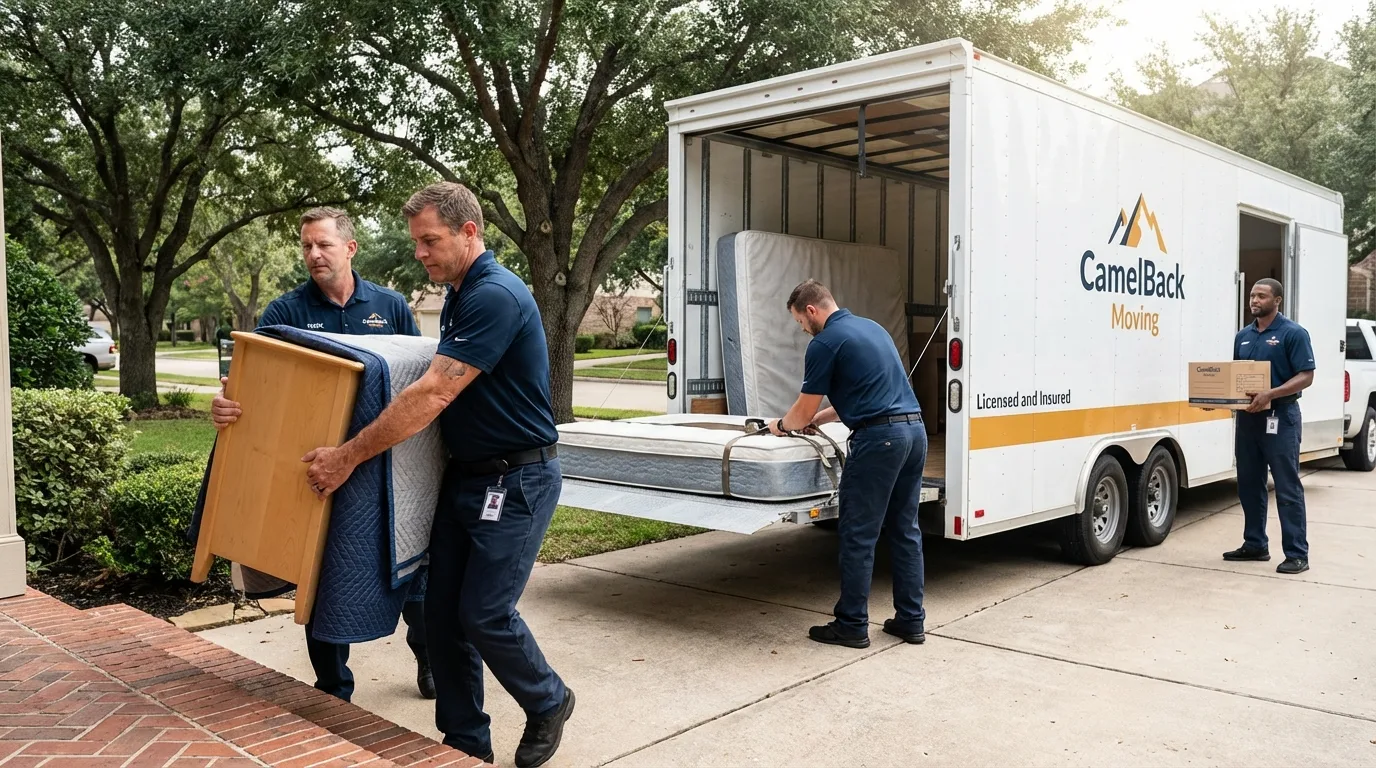 Crew loading residential truck for cross-state move from Cleveland, OK