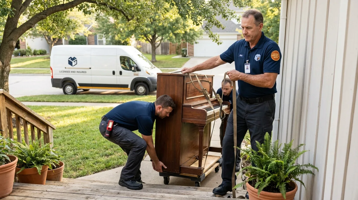 Licensed piano movers securing grand piano in Cleveland, OK