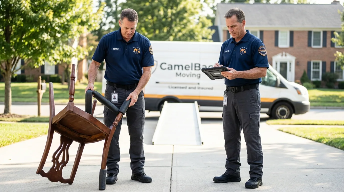 Movers inspecting furniture for damage prevention before loading in Cleveland, OK